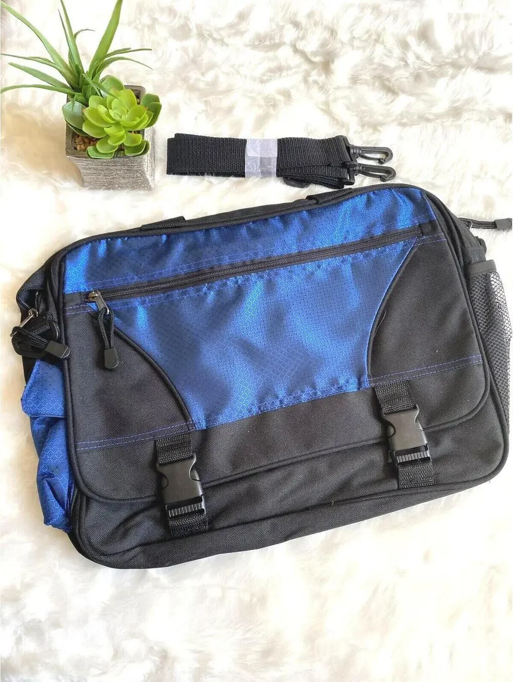 Blue and Black Messenger Bag with Adjustable Strap